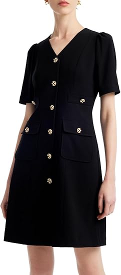 Women's Triacetate Black Mini Dress, Business Casual A Line V-Neck Button Front Dresses for Teacher Office Work