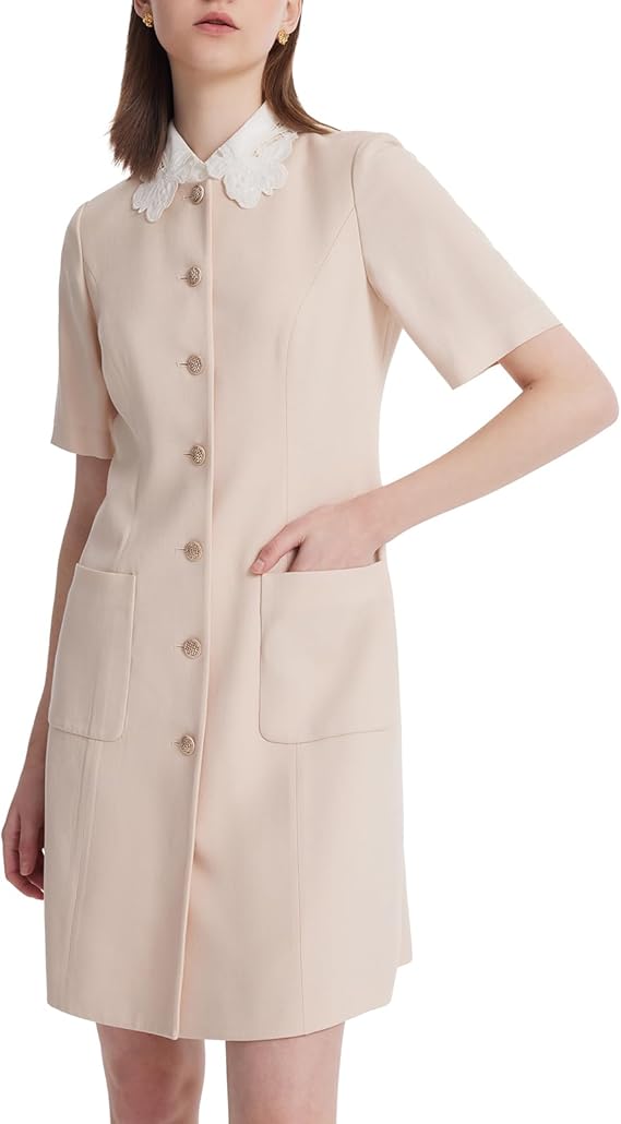 Women's Triacetate Black Mini Dress, Business Casual A Line V-Neck Button Front Dresses for Teacher Office Work