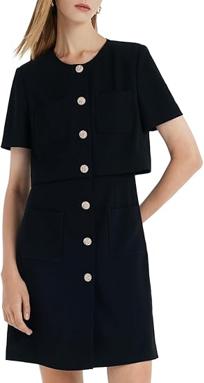 Women's Triacetate Black Mini Dress, Business Casual A Line V-Neck Button Front Dresses for Teacher Office Work