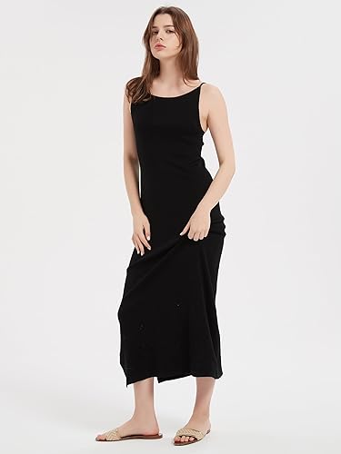 100% Merino Wool Women’s Casual Sleeveless Boat Neck Spaghetti Strap Bodycon Maxi Dress Black Long Dresses