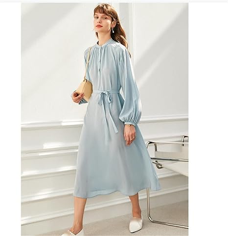 French Style Silk Dress Women's Spring and Summer Temperament Waist Mid-Length Skirt Long-Sleeved Skirt