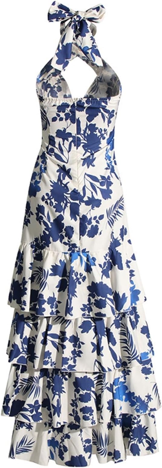 Women's Crisscross Halter Sleeveless Summer Floral Print Flowy A-Line Maxi Dress, robin blue, M