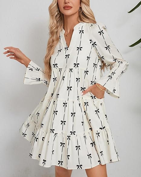 Women's Ruffle Swing Babydoll Mini Dress 3/4 Sleeve V Neck Tiered Bow Print Tunic Dress