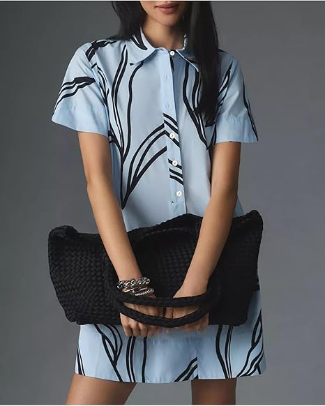 Women's Short Sleeve Flowy Waist Mini Dress Casual Loose Button Babydoll Dress Summer A-Line Flowy Shirt Dress
