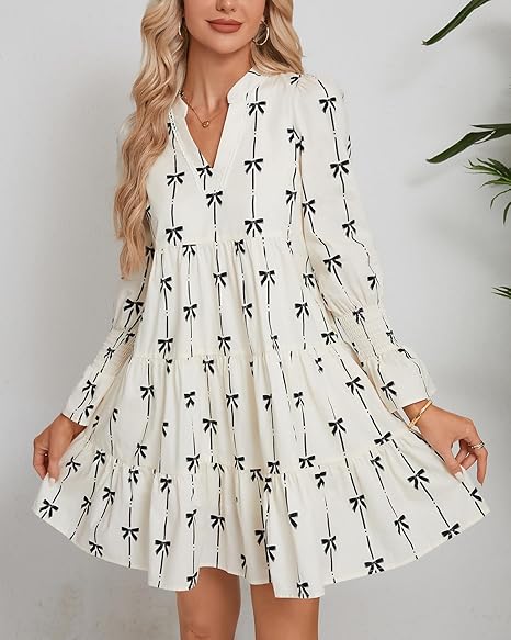 Women's Ruffle Swing Babydoll Mini Dress 3/4 Sleeve V Neck Tiered Bow Print Tunic Dress