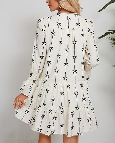 Women's Ruffle Swing Babydoll Mini Dress 3/4 Sleeve V Neck Tiered Bow Print Tunic Dress
