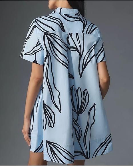 Women's Short Sleeve Flowy Waist Mini Dress Casual Loose Button Babydoll Dress Summer A-Line Flowy Shirt Dress