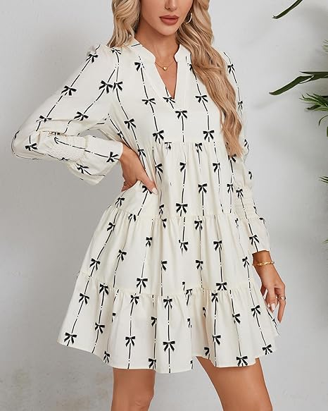 Women's Ruffle Swing Babydoll Mini Dress 3/4 Sleeve V Neck Tiered Bow Print Tunic Dress