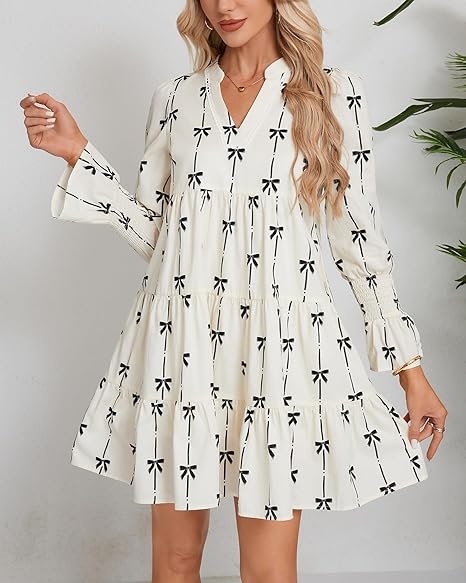 Women's Ruffle Swing Babydoll Mini Dress 3/4 Sleeve V Neck Tiered Bow Print Tunic Dress
