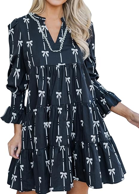 Women's Ruffle Swing Babydoll Mini Dress 3/4 Sleeve V Neck Tiered Bow Print Tunic Dress