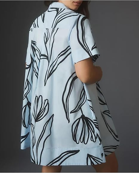 Women's Short Sleeve Flowy Waist Mini Dress Casual Loose Button Babydoll Dress Summer A-Line Flowy Shirt Dress