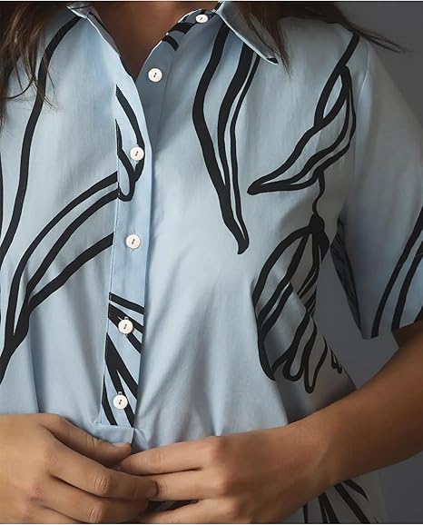 Women's Short Sleeve Flowy Waist Mini Dress Casual Loose Button Babydoll Dress Summer A-Line Flowy Shirt Dress