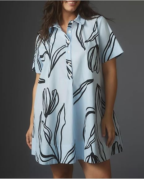 Women's Short Sleeve Flowy Waist Mini Dress Casual Loose Button Babydoll Dress Summer A-Line Flowy Shirt Dress