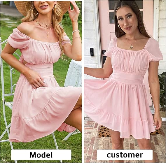 Women's 2025 Summer Short Puff Sleeve Casual Short Mini Dress Back Tie Square Neck A-Line Vest Dress