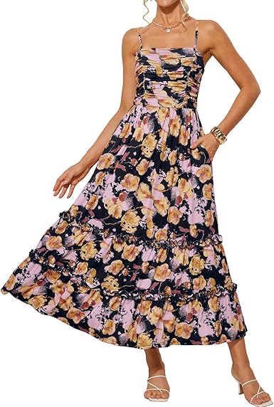 2025 Women's Summer Floral Maxi Dress Casual Sleeveless Ruffle Tiered Wedding Guest Flowy Dresses with Pockets