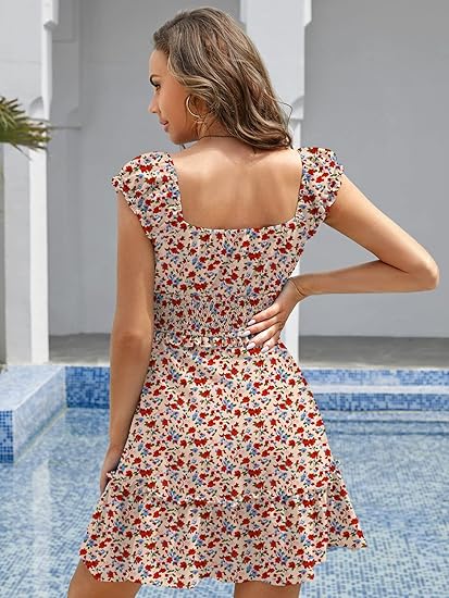 Women's Summer Ruffle Sleeve Sweetheart Neck Printed Dress Mini Dress