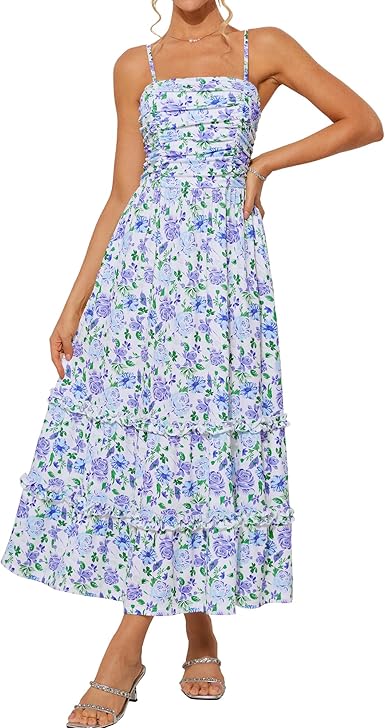 2025 Women's Summer Floral Maxi Dress Casual Sleeveless Ruffle Tiered Wedding Guest Flowy Dresses with Pockets