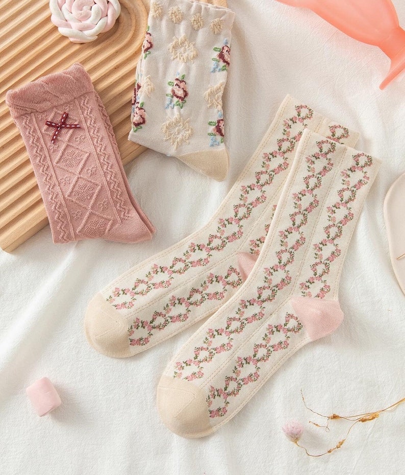 Women's|3-Pair Cotton Socks|Flower|Cute|Soft