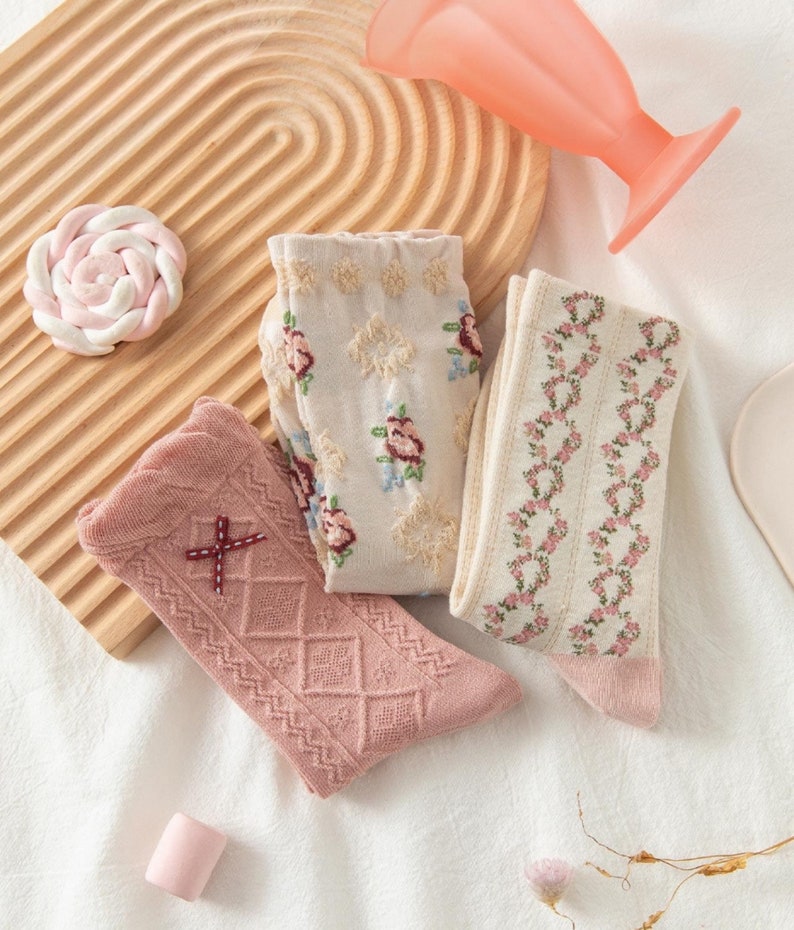 Women's|3-Pair Cotton Socks|Flower|Cute|Soft