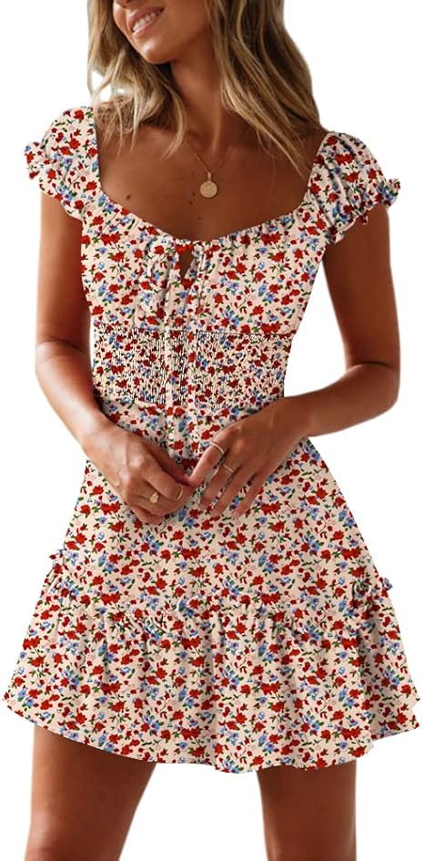 Women's Summer Ruffle Sleeve Sweetheart Neck Printed Dress Mini Dress
