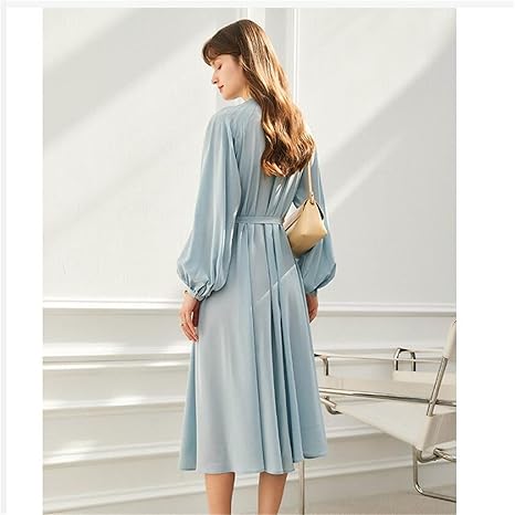 French Style Silk Dress Women's Spring and Summer Temperament Waist Mid-Length Skirt Long-Sleeved Skirt