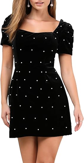 Women's Velvet Pearl Mini Dress Short Sleeve Square Neck Party Club Elegant Short Dresses