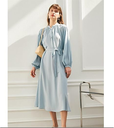 French Style Silk Dress Women's Spring and Summer Temperament Waist Mid-Length Skirt Long-Sleeved Skirt