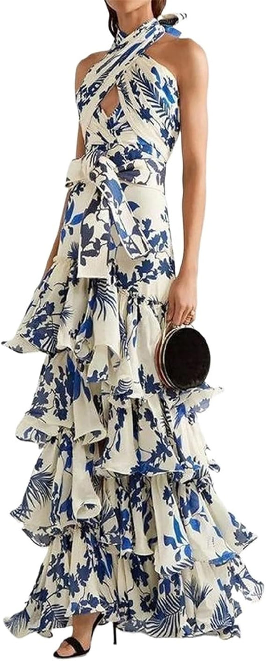 Women's Crisscross Halter Sleeveless Summer Floral Print Flowy A-Line Maxi Dress, robin blue, M