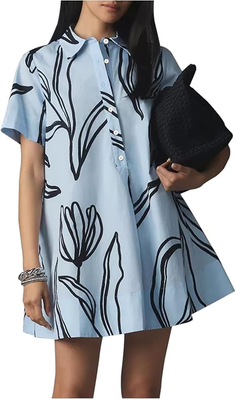 Women's Short Sleeve Flowy Waist Mini Dress Casual Loose Button Babydoll Dress Summer A-Line Flowy Shirt Dress