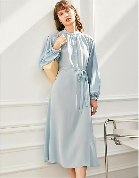 French Style Silk Dress Women's Spring and Summer Temperament Waist Mid-Length Skirt Long-Sleeved Skirt