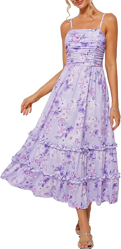 2025 Women's Summer Floral Maxi Dress Casual Sleeveless Ruffle Tiered Wedding Guest Flowy Dresses with Pockets