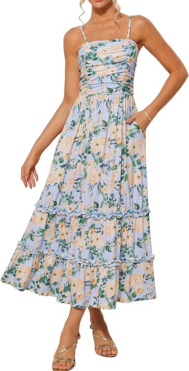2025 Women's Summer Floral Maxi Dress Casual Sleeveless Ruffle Tiered Wedding Guest Flowy Dresses with Pockets