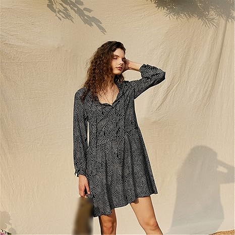 Women's Long-Sleeved Loose Floating Collar Mid-Length Skirt Slim Spring and Summer Printed Foreign Style Skirt