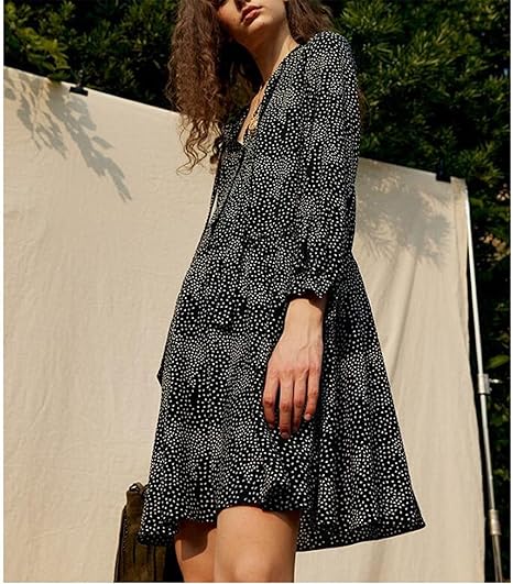 Women's Long-Sleeved Loose Floating Collar Mid-Length Skirt Slim Spring and Summer Printed Foreign Style Skirt