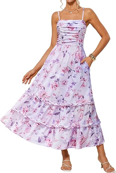 2025 Women's Summer Floral Maxi Dress Casual Sleeveless Ruffle Tiered Wedding Guest Flowy Dresses with Pockets