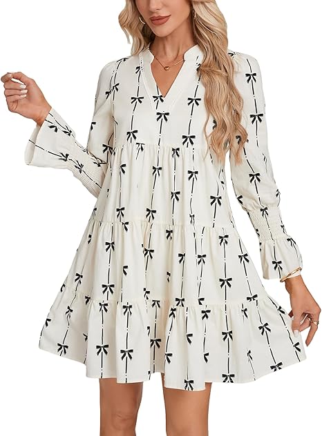 Women's Ruffle Swing Babydoll Mini Dress 3/4 Sleeve V Neck Tiered Bow Print Tunic Dress