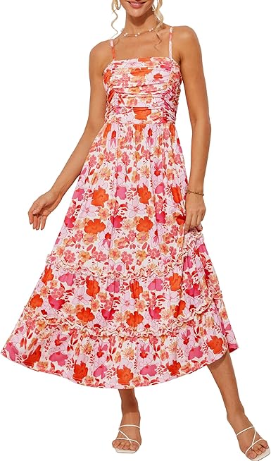 2025 Women's Summer Floral Maxi Dress Casual Sleeveless Ruffle Tiered Wedding Guest Flowy Dresses with Pockets