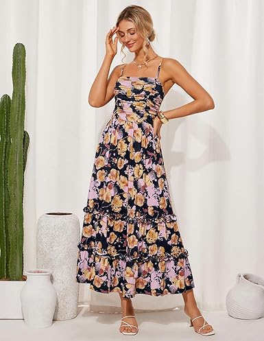 2025 Women's Summer Floral Maxi Dress Casual Sleeveless Ruffle Tiered Wedding Guest Flowy Dresses with Pockets