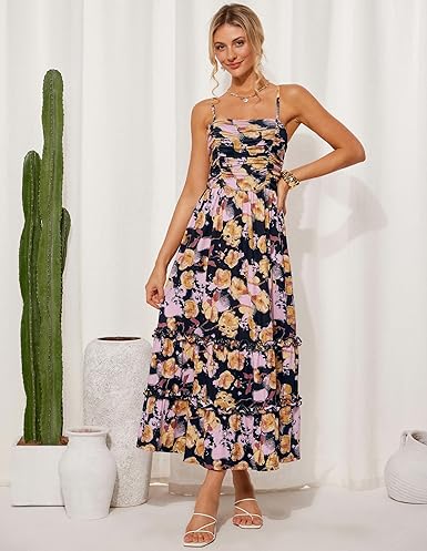 2025 Women's Summer Floral Maxi Dress Casual Sleeveless Ruffle Tiered Wedding Guest Flowy Dresses with Pockets